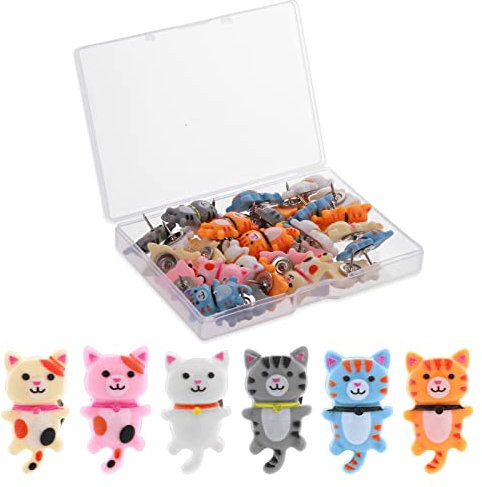 Prasacco 30 Stück Dekorative Reißzwecken, Niedliche Katzen-Reißzwecken Korkplatte Katzen Pins mit Transparenter Aufbewahrungsbox für Fotos Karten Memos Notizen Heimdekoration (6 Farben, Harz + Metall)