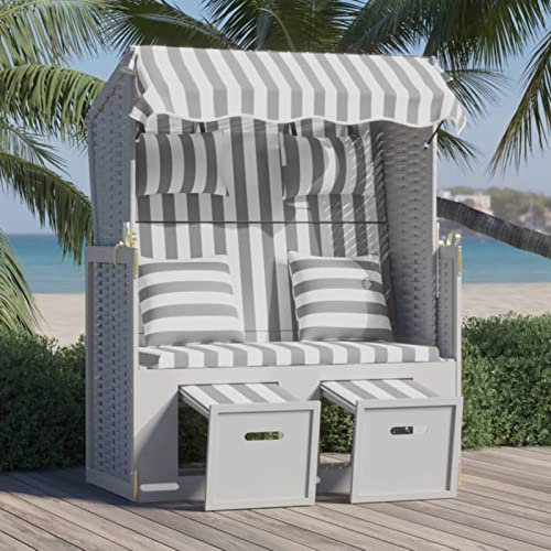 XIAOGUANG Strandkorb mit Kissen, Strandkörbe, Roofed Beach Chairs, Strandkorb Für Draußen, Poly Rattan und Massivholz Grau & Weiß