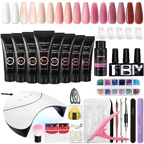 PHOENIXY Nagelset Gelnägel Starterset, 8 Farben Gel Nägel Set mit 36W U V/LED Nagellampe, Poly Nagelgel Set mit Manicure Tools Komplette Poly Nail Gel Starter Set Geschenk für Frauen