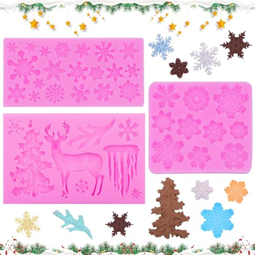 Lets Joy 3 Stück Weihnachten Silikonformen, Silikonform für Schneeflocken, Elch Silikonform Weihnachten, Silikonformen Anhänger, DIY Werkzeuge für Fudge, Schokolade, Kuchen