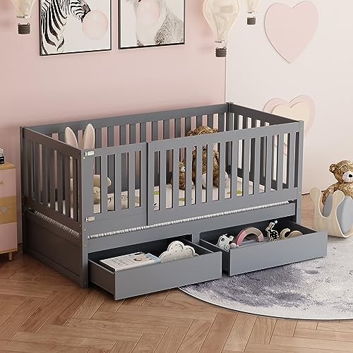 ZYLOYAL10 Kinderbett mit Vollabtrennung 90 x 200cm Mehrzweckbettrahmen umbaubar in Zwei getrennte Betten (Grau - A)