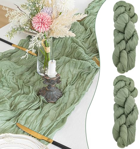 Lot de chemins de Table en étamine Vert Sauge, 90 x 300 cm, Tissu en Gaze Rustique bohémien, Chemin de Table Cheesecloth, Chemin de Table de Mariage, Nappe de Table pour Mariage, fête prénuptiale (2)