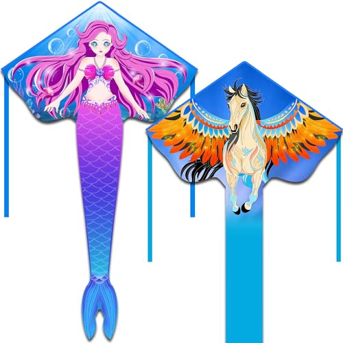 HONBO Cometas de sirena grandes para niños y adultos, cometa Delta fácil de volar, cometas para principiantes para niñas y niños, cometa Pegasus para principiantes, (sirena + Pegaso)
