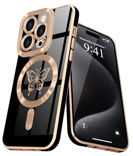 Lafunda Cover magnetica per iPhone 15 Pro Max Custodia con MagSafe protezione fotocamera sporgente Farfalla Case Placcatura oro ragazza Bumper antiurto per iPhone 15 Pro Max Nero
