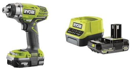 Ryobi - Visseuse à chocs 18V - 3 modes : 40/120/220 Nm - emmanchement hex 1/4- 1 batterie 2Ah et 1 chargeur rapide, Coffret antichocs 31 accessoires de vissage (PH/PZ/SL/HEX/TX)
