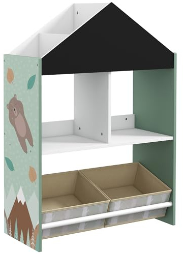 ZONEKIZ Estantería para Juguetes Organizador Infantil con Pizarra Pintable Estantes Abiertos y 2 Cajas de Tela no Tejida Extraíbles para Sala de Juegos Habitación Guardería 62,4x26,5x90 cm Verde