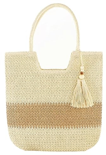 DEIUOG Women‘s Woven Straw Tote Bag with Zipper -Extra Large Beach Bag Boho Shoulder Bag,Light Weight Raffia Handbag for Summer Holidays,(Beige/Khaki)