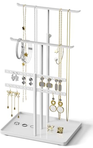 susswiff Jewelry Holder Organizer Stand - Adjustable Jewelry Tree 17.5 Height (Max), Jewlery Hanger for Necklaces, Bracelets, Earrings, Stainless, White