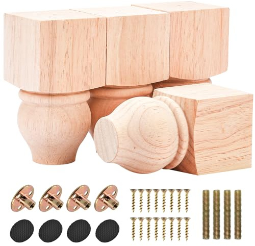 Btowin VCF Patas de madera para muebles de 12 cm, 4 patas de sofá de geometría tallada de madera maciza sin terminar, patas de repuesto con placa de montaje y tornillos para sofá, armario, mesa,