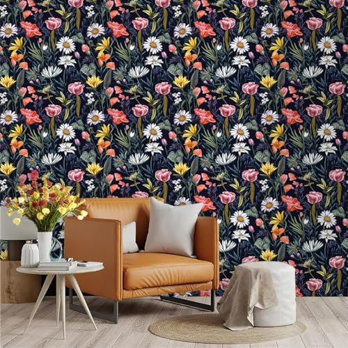 Selbstklebende Tapete Bunte Blumen Strukturtapete Wandtattoo Schlafzimmer Tapete Selbstklebend Vliestapete Wallpaper for Living Room Tapeten Langlebig Wandschutzfolie 45x300cm