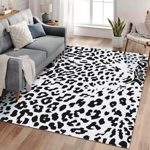 Teppich Wohnzimmer Leopard Schwarz Und Weiß 60x90 cm Teppich Schlafzimmer Kurzflor Teppich Groß Weiche Teppich rutschfest Teppich Flauschiger Teppich