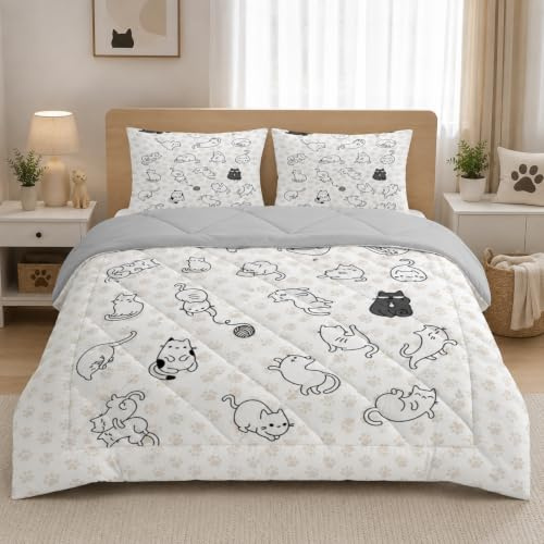 buyluhn Bettdecke 155x220 Ohne Bezug Nutzbar，4 Jahreszeiten Bettdecken Katze Waschbar Steppdecke Grau Ganzjahresdecke，Bettzeug mit 2 Kissenbezug für Sommer Winter