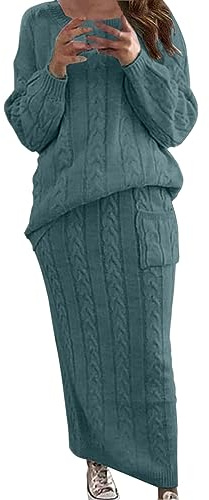 Ensemble 2 pièces élégant pour femme - Automne - Jupe festive 2 pièces et haut élégant - Col rond - Manches longues - Pull en tricot stretch - Jupe midi - Lâche - Couleur unie - Grandes tailles, AG2