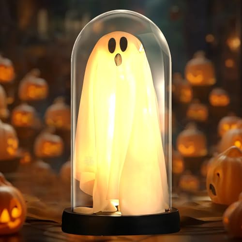 Lergas Halloween Deko Geist Nachtlicht, Leuchtender Geist in Glasglocke, Halloween Deko Innen Geist Nachtlicht Batteriebetrieben, Halloween Geist Deko für Halloween Tischdeko, Party Deko (1 Stück)