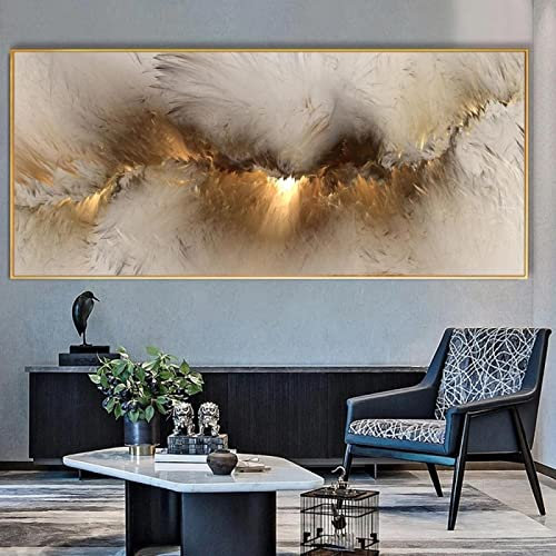 Abstraktes Ölgemälde mit Rahmen, modernes abstraktes Leinwandbild für Wohnzimmer, 80 x 165 cm, Grau / Gelb