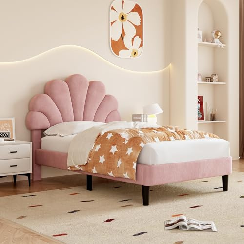Merax Upholstered Single Bed, 3FT Bed Frame with Height-Adjustable Chic Petal Headboard and Wooden Slatted Frame, No Box Spring Needed, Easy Assembly, Velvet, Pink, 90x190cm