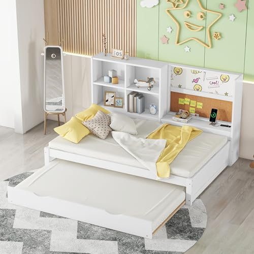 Arhatreya Schlafsofa 90x200 cm, Daybett mit Ausziehbett, Holzbett mit USB-Ladeanschluss, Einzelbett mit Staufächer und Zeichenbrett, Bett für Kinder Jugendliche (Ohne Matratze) Weiß