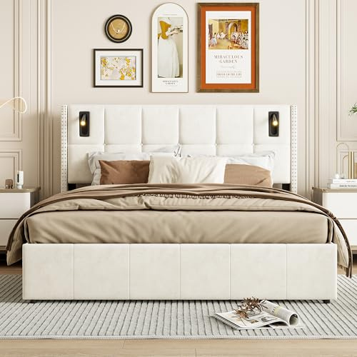 BPKADHY Polsterbett mit Stauraum 160 x 200 cm, Polsterbett Doppelbett Hydraulische Stauraumbett Jugendbett mit Lattenrost und Bettkasten, Samt,ohne Matratze(Beige, 160 x 200 cm)