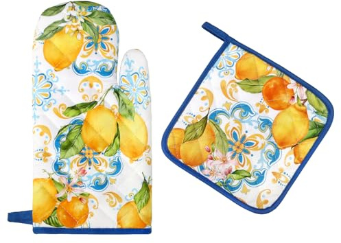 Arquiel Guante De Horno Agarraderas 2PCS, 100% AlgodóN Guante De Cocina Resistente Al Calo Grueso Seguro para Cocinar, Hacer Barbacoas Microondas Y para La Chimenea Regalo(Verano Limón) | Juego de cocina de algodón con diseño de limón, resistente al calor y práctico para cocinar, hornear y asar.