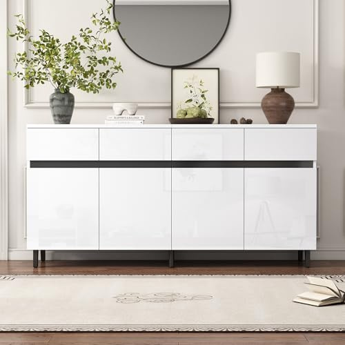 boorbin Hochglanz Sideboard Weiß 160x40x68cm Kommode mit Schubladen Unterschrank und 2 Türen, höhenverstellbare Böden,Buffet für Kche Esszimmer, Modern Möbel Aufbewahrung (Weiß, 160 * 40 * 68cm)