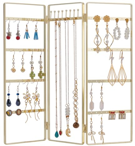 FINGERINSPIRE Présentoir à Bijoux Pliable Doré 64 Trou et 8 Crochets Organisateur de Bijoux en Métal à 3 Panneaux pour Bagues Boucles D'Oreilles Bracelets et Colliers Support de Rangement de Bijoux