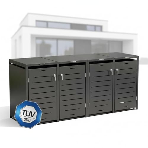 Mucola Mülltonnenbox Mülltonnenverkleidung 4er bis 240 L Stahl Anthrazit | verzinkt und pulverbeschichtet, Gasdruckdämpfer mit Soft-Close, abschließbare Türen, Belüftungsschlitze, erweiterbar