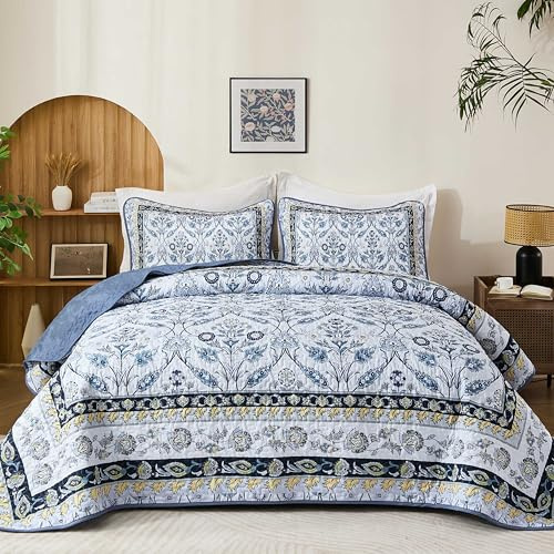 DJY King Size Quilt Sets, Navy Blue Floral Quilt Set King 3 Pieces Boho Bedspread Coverlet Set with 2 Pillowcases Soft Lightweight Microfiber Bedding for All Season (90x104)
