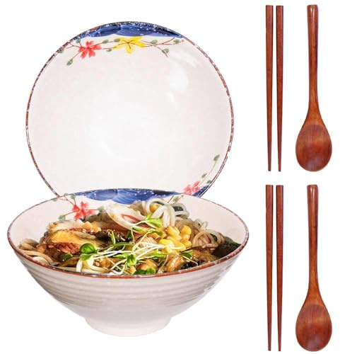 Ceraozmus 2 x 1200 ml Keramik-Ramenschalen,20 cm große japanische Nudelsuppenschüssel,übereinstimmen Essstäbchen und Löffeln,Geeignet für Pho，Udon asiatische Nudeln (Bunte Blumen 2er-Set)