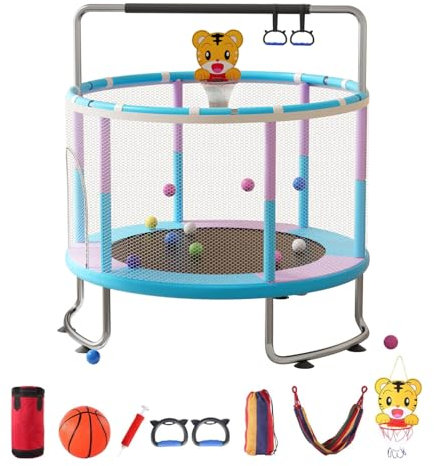 59 Kids Trampoline with Enclosure, Toddler Trampoline Indoor Outdoor, Mini Trampolines for Kids with Adjustable Gymnastics Bar, Swing ＆ Small Basketball, Bearing 440lbs(Summer Games Toy) Blue