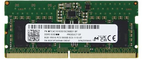 MTC4C10163S1SC56BD1 Barrette de mémoire vive pour Ordinateur Portable Micron DDR5 5600 MHz PC5-44800 SODIMM Unbuffered Non-ECC 1Rx16 CL46 1.1v MTC4C10163S1SC56BD1 8 Go Adamanta