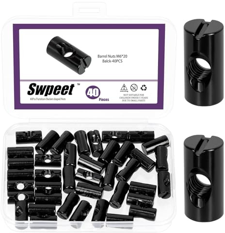 Swpeet 40 Piezas de Tuercas Barril Métricas M6×20mm Zincadas, Paquete de Pernos Travesaño Ranurados Negros, Tuercas Embutidas para Muebles, Herrajes de Repuesto para Camas, Cunas y Sillas