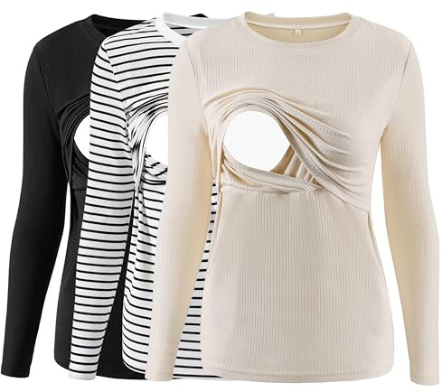 Love2Mi 3er Pack Damen Stillshirt Gerippte Langarm stilltops Doppellagige Umstandsmode Tshirt Umstandskleidung