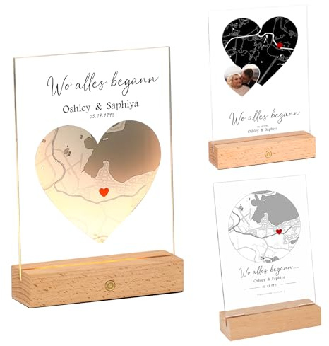 OXYEFEI Wo Alles begann Geschenk Koordinaten aus Acryl,Personalisierte Glasbild mit LED-Leuchten Geschenke zum Jahrestag, Hochzeitsgeschenke für Brautpaar (Holz)