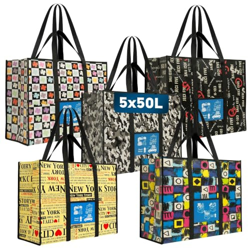 Lot de 5 Grands Sacs Cabas de Courses - 30L - Fermés avec Poignées et Poche Frontale – Sacs d'épicerie réutilisables, Tote bag, Stockage Vêtements – Shopping, Pique-nique, Voyage, Plage @Claudi Home