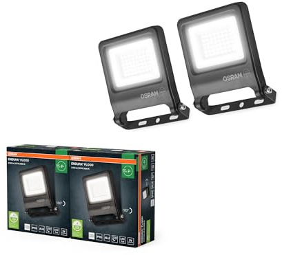 OSRAM Proiettore LED ENDURA FLOOD PC 30W, bianco freddo 4000K, 3000 lumen, IP65, alluminio riciclato al 100%, staffa di montaggio 180°, 100 lm/W, grigio,2-Pack