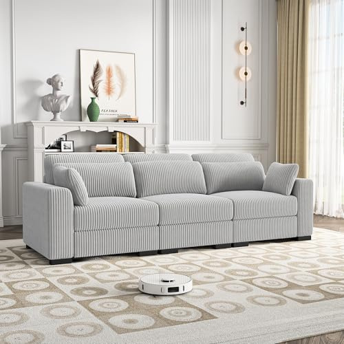 MIOOSUT Sofá 3 Plazas Convertible, Sofá Moderno, Sofá Modular, Mueble Relleno de Diseño Moderno, con Cojín, Tela de Terciopelo acanalado, Salón (Gris, 3 Plazas)
