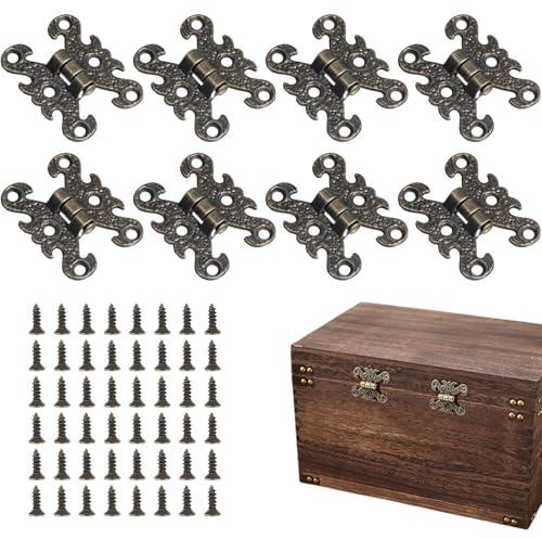 Omnikryp 8 Stück Antike Scharniere, Vintage Scharnier Mit Schrauben, Faltbar Retro Dekorative Retro Scharniere, Patina, für Möbel, Schränke, BüCherregal, Holzkasten, Vintage Restauration（Bronze）