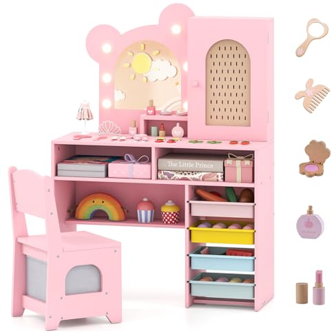 COSTWAY Tocador de Maquillaje Niña, Tocador Niña con Espejo y Luces de 3 Colores, Accesorios, 5 Cajones y 2 Compartimentos, Armario con Puerta,Estante Abierto, Mesa de Maquillaje para Niñas de 3+ Años
