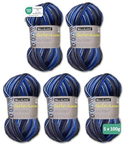 BellaLana Sockenwolle Gute-Laune - 4-Fädiges Sockengarn zum Stricken & Häkeln - Farbverlaufswolle - 75% Schurwolle, 25% Polyamid - Lauflänge 420m/100g - Nadelstärke 2,5-3, 5 x 100g - Blau-Anthrazit