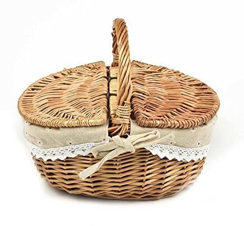 Handgefertigter Picknickkorb aus Weide mit doppeltem Stofffutter, große Kapazität für Camping, Wandern und Familienfeiern, Braun und Weiß, 26 x 18 x 15 cm