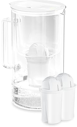 Wessper Wasserfilter Kanne mit LED-Anzeige, 2 Liter, Karaffe aus Glas, Kompakte Wasser Kanne mit 2 Filterkartusche Classic, Aktivkohle Filter, BPA-Frei - Weiß