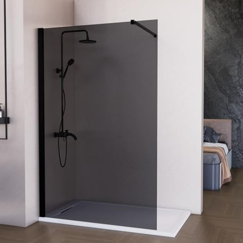 HOGAKIS Mampara de Ducha Fija Negra 120 x 200 cm Ahumada, Cristal Templado Translucido 8 mm con Antical, Panel Walk In Reversible para Baño Moderno