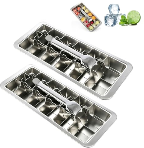 2 Stück Eiswürfelform Edelstahl 18 Schlitzen, Eiswürfelbehälter mit Henkel, Müheloses Entnehmen, Groß Quadratische Ice Cube Tray für Getränke Whisky Gin Rum, Langlebige & Lebensmittelechte