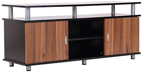 HOMCOM Meuble Banc TV Design Contemporain Multi-rangements : 2 Portes Niche Centrale étagère Grand Plateau 120L x 40l x 52H cm Marron Noir métal