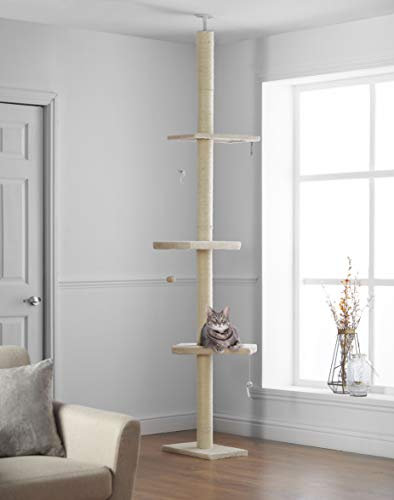 Kratzbaum, 215 cm – 280 cm, vom Boden bis zur Decke | Kratzturm, Pfosten mit Holzregalen