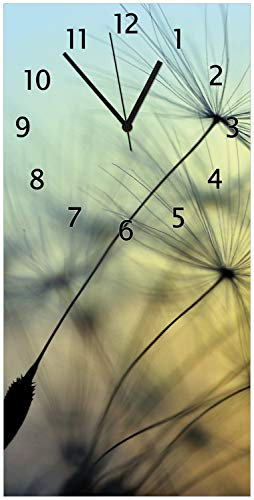 Wallario Design-Wanduhr Samen der Pusteblume in Nahaufnahme vor blauem Himmel aus Glas, Motiv-Uhr Größe 30 x 60 cm, Schwarze Zeiger