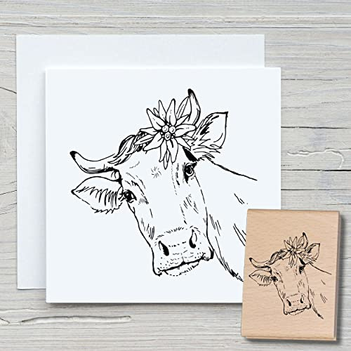 NEWSTAMPS Stempel Kuh Motivstempel groß aus Holz & Gummi zum Karten basteln, Holzstempel, Tiere, Tierstempel, Weide, Scrapbook, Textilstempel, Deko, Kinder