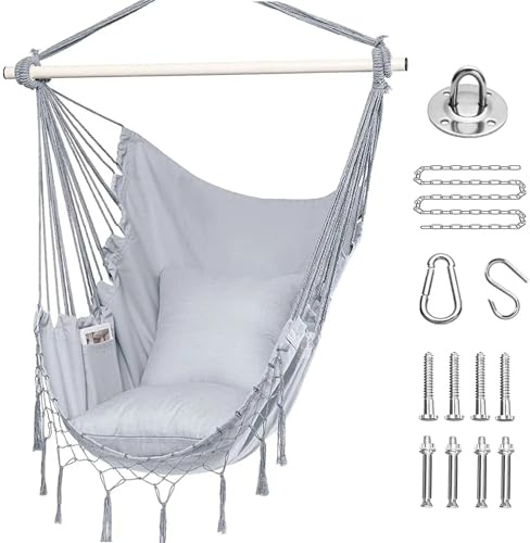 Hängstol, hängstol, hängstol, hängande gunga, textil, hängstol, roterande virvel, hängstol med 2 kuddar och bokfack, inomhus, utomhus, hängmatta upp till 150 kg (grå)