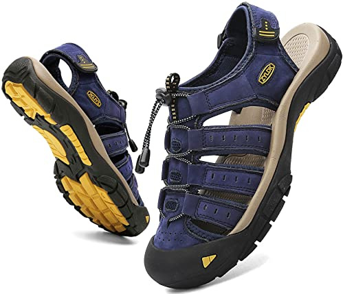 ZYLDK Men's Hiking Sandals Outdoor Sports Summer Beach Fisherman Leather Sandal Adjustable Walking Closed Toe Strap Trekking Casual Breathable Non-Slip Athletic Shoes