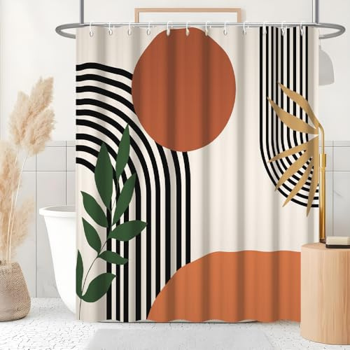 Uiiooazy Duschvorhang 180x200cm Anti Schimmel Abstrakt Terracotta Sonne | Duschvorhang Grüne Blätter Schwarz Gestreift Wasserdicht Stoff Polyester Waschbar Bad Vorhang mit 12 Haken für Badezimmer